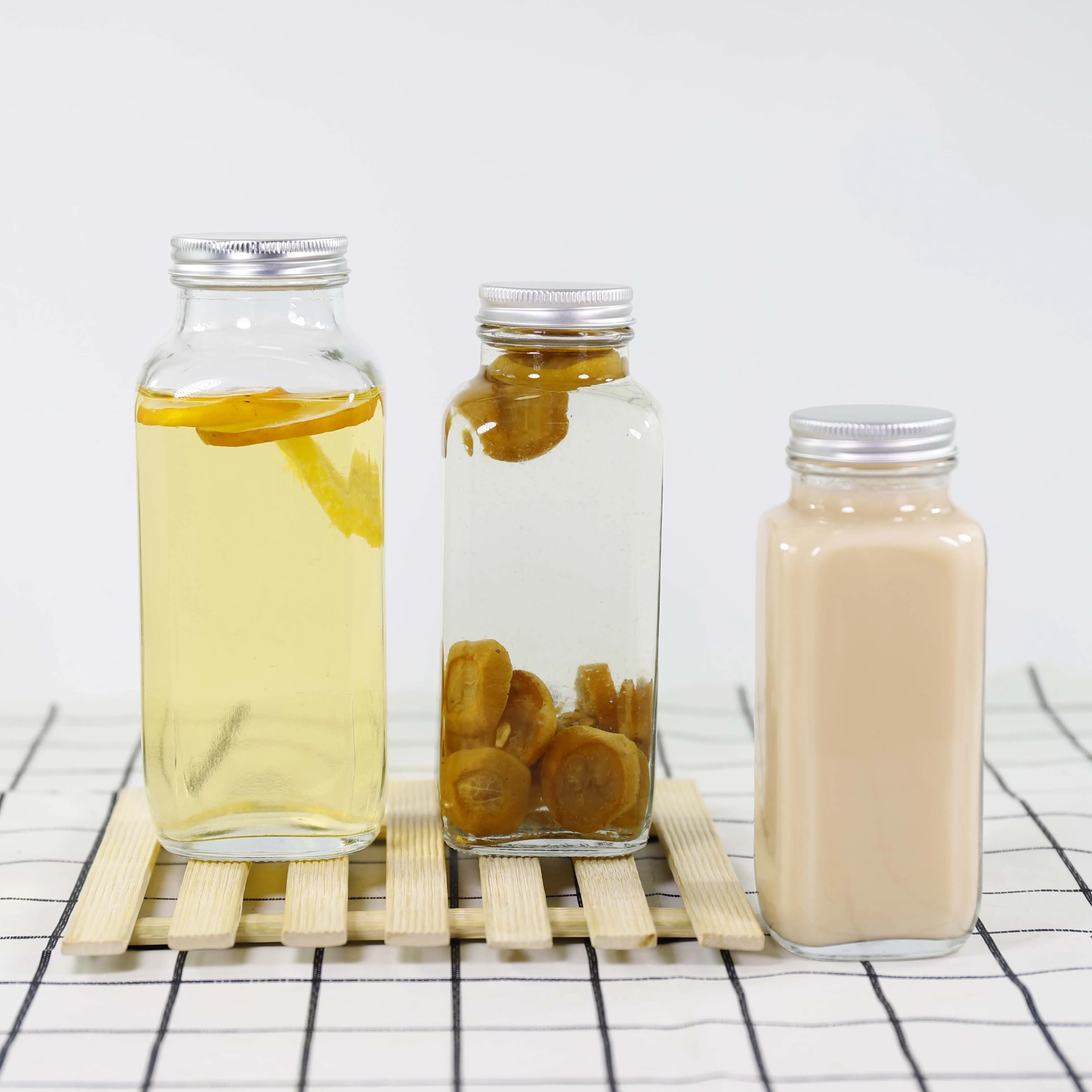 Wholesale Empty Square 250ML350ML Milk Juice Drink Glass Bottle With Lid