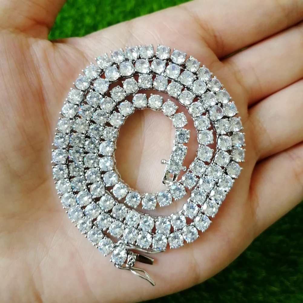 BC019 4mm Brass Zircon Tennis Chain 1 Row Necklace Hip hop Bling Jewelry Gold Silver CZ Tennis Chain Necklace Iced Out