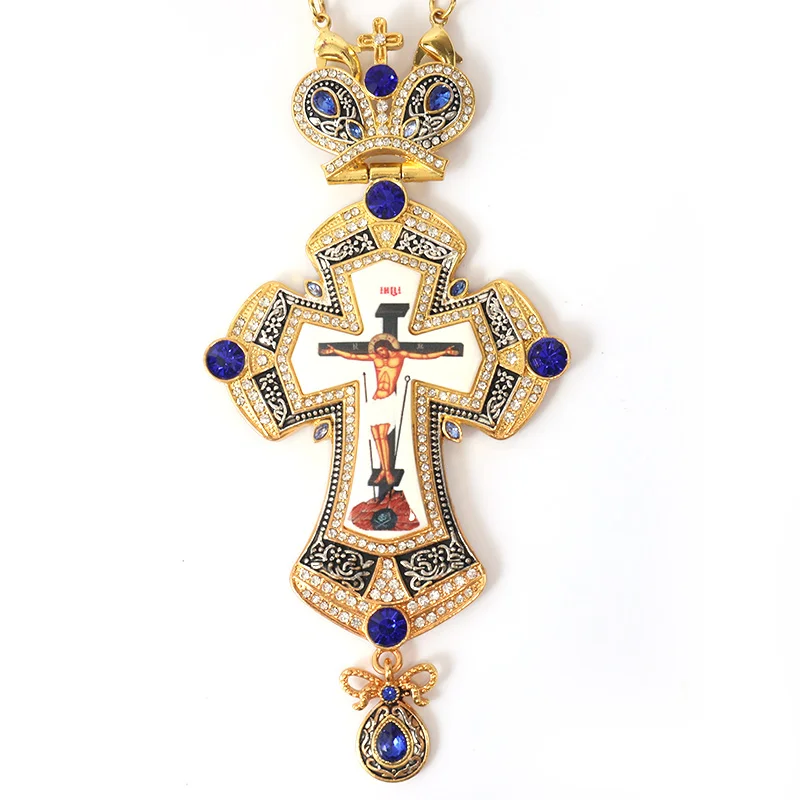 Luxury Greek Gold Plated Alloy Orthodox Pendant Gunmetal Russian Pectoral Cross with Jesus Icon Necklace for Priest
