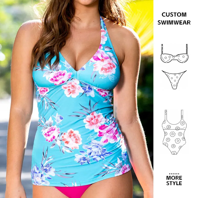 Aschulman Custom High Elasticity Bright Floral Ladies Print Tankini Top Womens Long Swimsuit