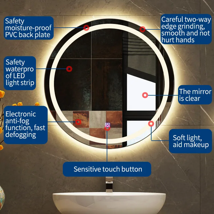 Bath Lighted Glass Mirror Hotel Room Smart Touch Screen Bathroom Mirror Modern