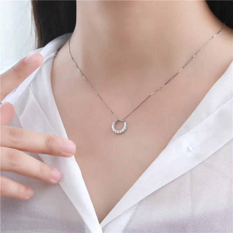 Fashion Jewelry 925 Sterling Silver Circle Pendant Necklace Geometric Cubic Zirconia Hollow Ring Pendant Necklace For Women