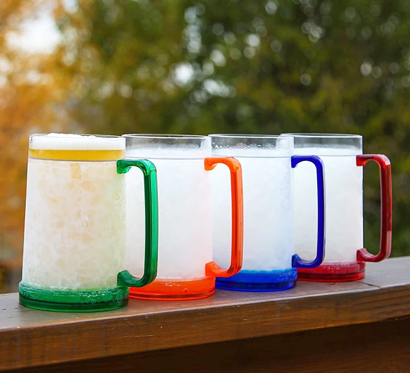 Double Wall Gel-Filled Acrylic Freezer Beer Glasses for BBQs Parties Clear with Assorted Color Base