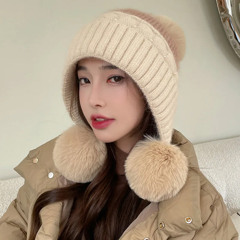 Warm Wool Ball Ear Protection Face Knitted Riding in Autumn and Winter Cold Proof Pullover Hats Korean Fashion
