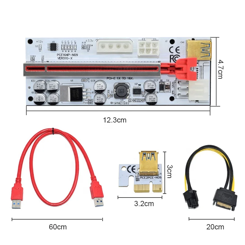 Riser 010-X For Video Card  Pcie Riser Cabo Riser Card Express x1 x16 SATA To 6Pin Power Cable USB 3.0 Cable NEW