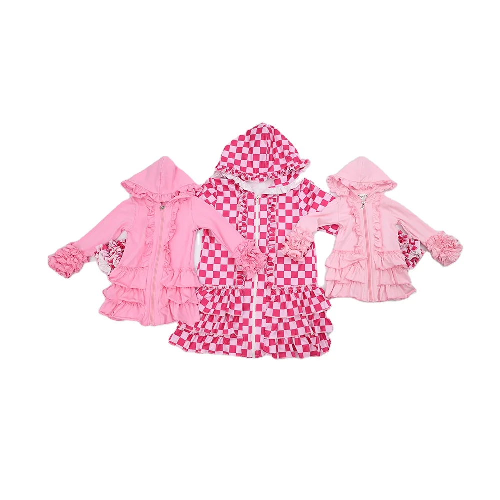 Qingli OEM  Hot selling children solid color jacket fashion kids girls boutique ruffle custom hoodie printing kids coats