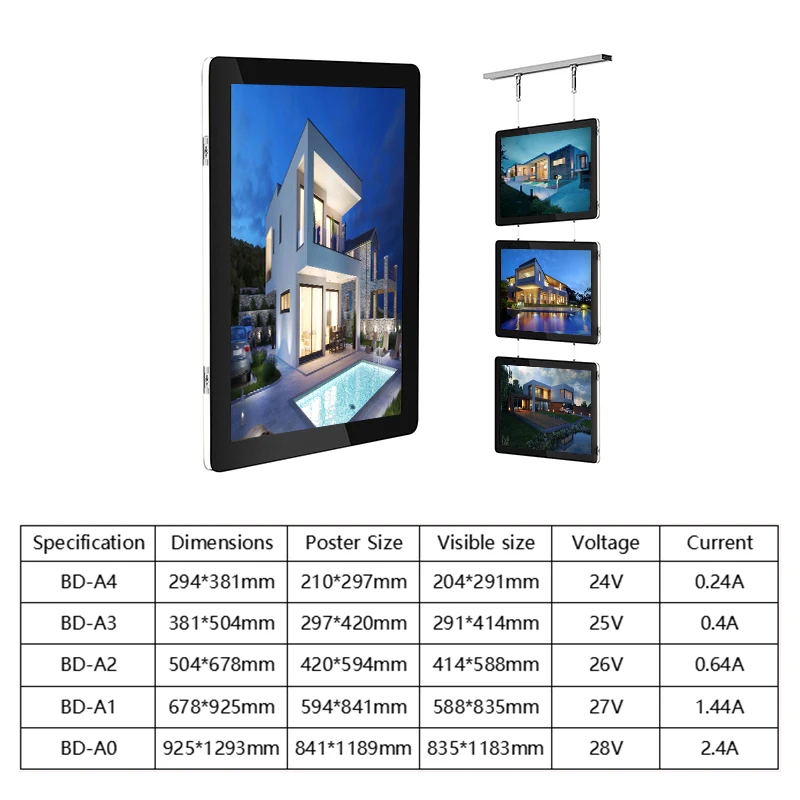 4 x A3 Dual-Sided Poster Frames Illuminated Hanging LED Light Box for Real Estate Window Display Systems