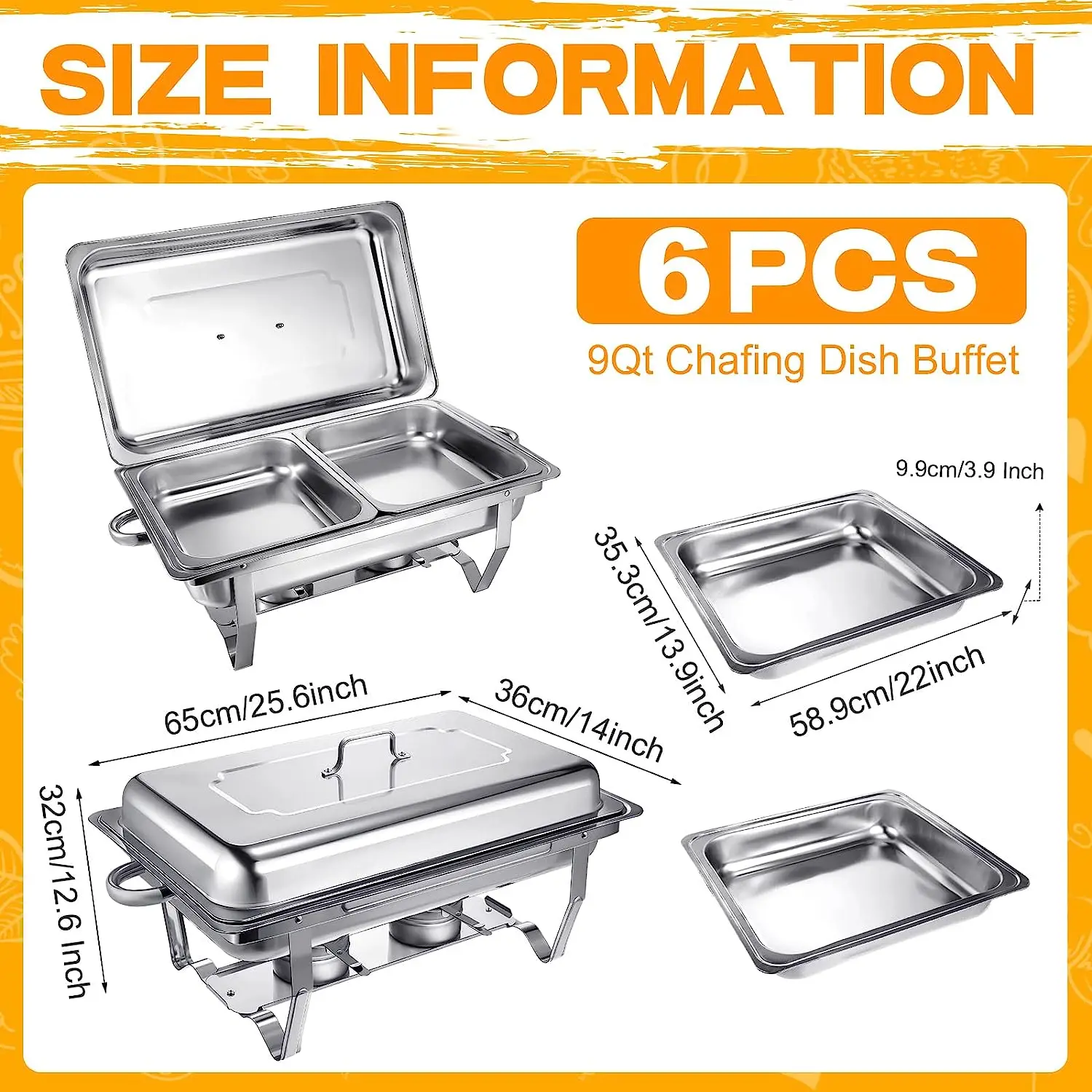 9 QT Stainless Steel Buffet Servers and Warmers Chaffing Servers 6 Pack Chafing Dish Buffet Set