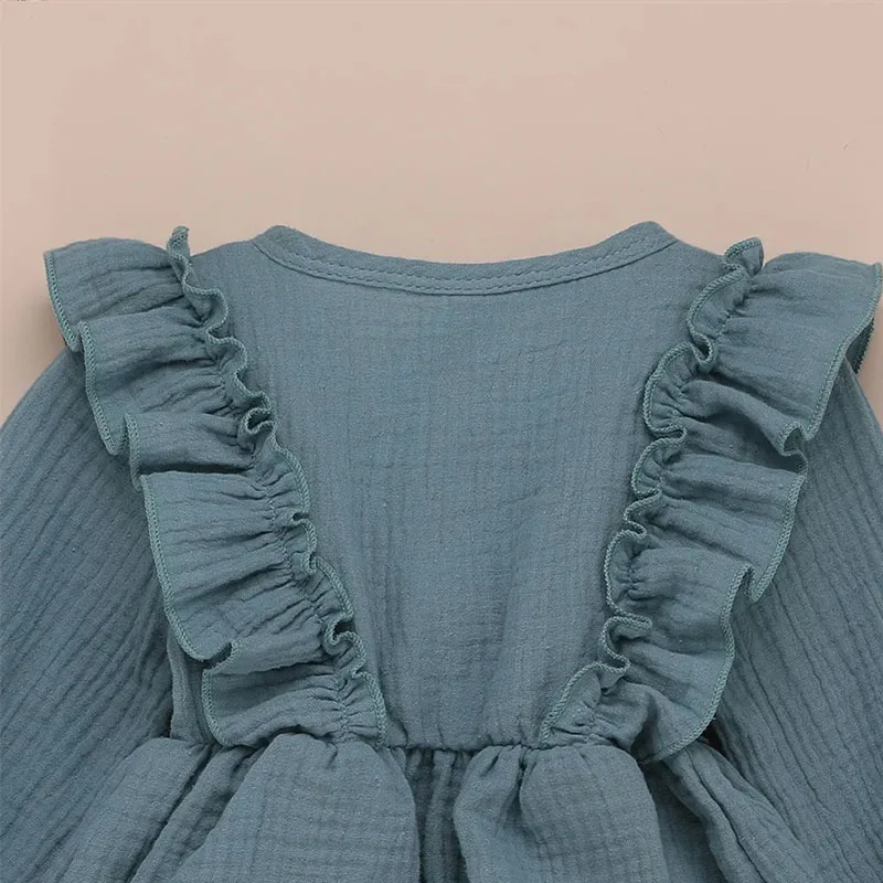 Conyson New Kids Girl Autumn Dress Ruffles Long Sleeve Solid Party Dresses For Girls Elegant Slim Waist Dress Girls Clothes Sets