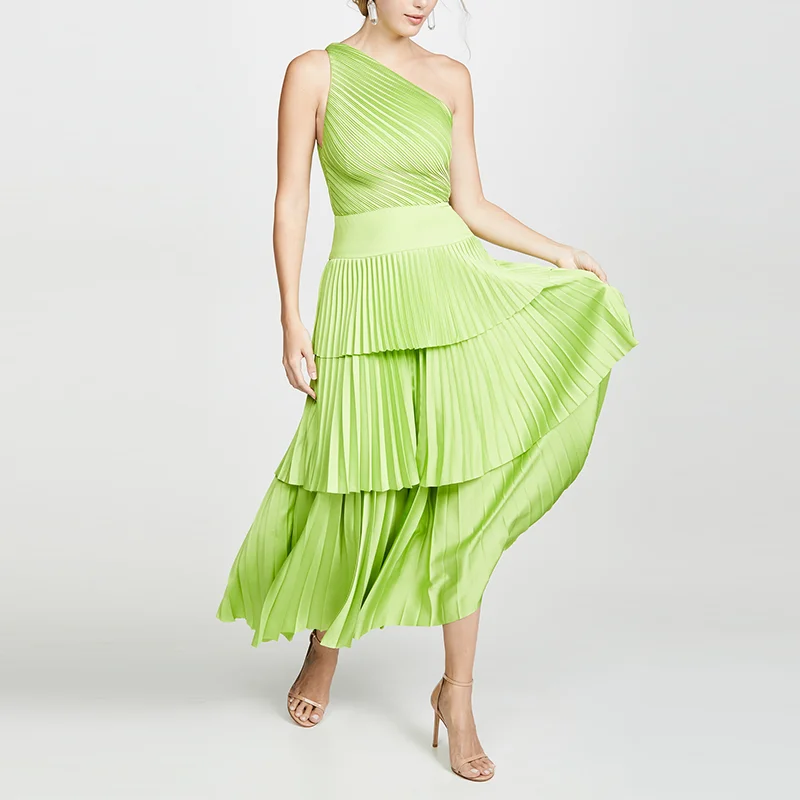 Sexy Neon Green Chiffon  One Shoulder  Slope Neck  Pleated  Layered Party  Dress Women