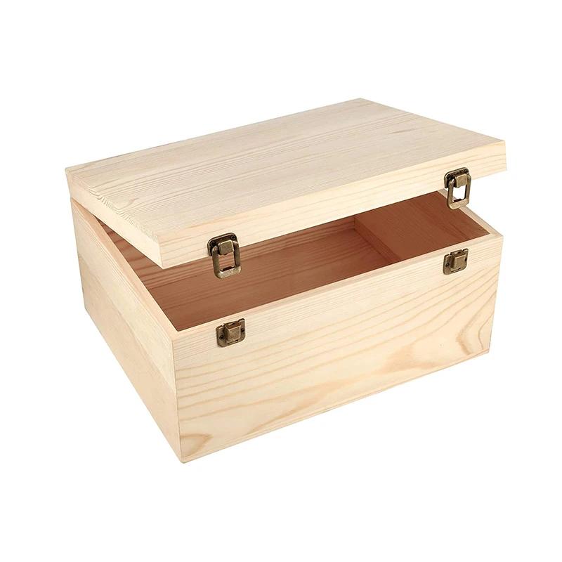 
custom Pine wood Jewelry Box and Home Storage Extra Large Unfinished Wood Box with Hinged Lid 