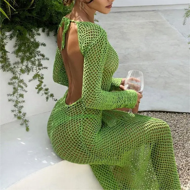 Knitted Beach Dress Green Backless Cover Up for Women Long Crochet Dress High Slit Hollow Out Swimwear Summer Beachwear Outfit