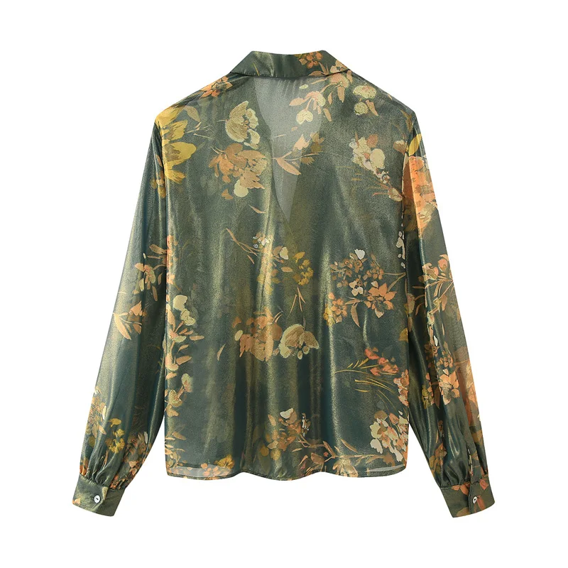 CS261 Wholesale 2023  Autumn Turn-down Collar  Floral Print Long Sleeve Shirt Women Blouse Tops 10