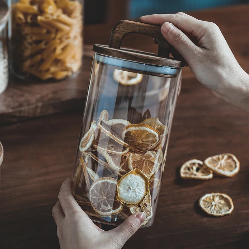 Kitchen Multi-grain Orange Peel Coffee Beans Glass Sealed Storage Tank Large Capacity Multi-size Solid Wood Cover Storage Tank