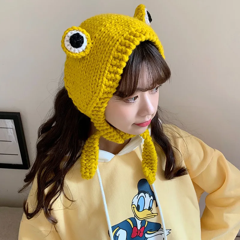 
Winter Cute Green Crochet Knitted Hat Costume Beanie Hats Cap Women Gift Hip-hop Cap Photography Prop Women Frog Hat 