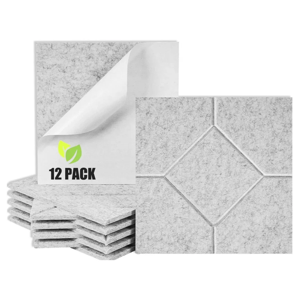 12 Pack Diamond Design Square Polyester Fiber Acoustic Felt Board Self Adhesive PET Acoustic Panels for Wall Sound Absorbing