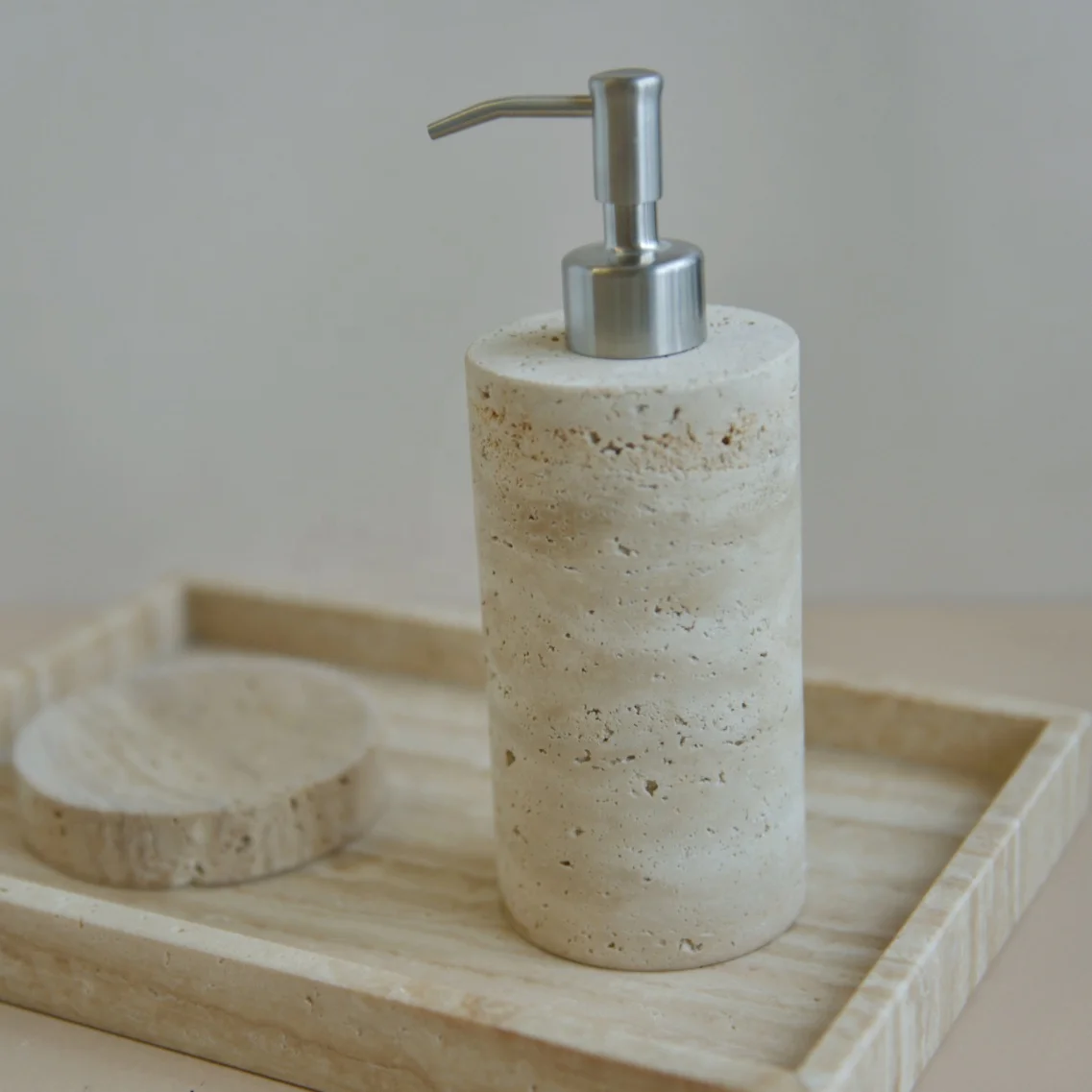Home decoration nature stone marble travertine bathroom accessories set beige travertine liquid soap dispenser