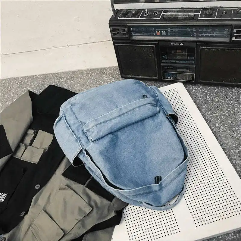 Fashion Lightblue Dark blue Jeans Outdoor Bag Travel School Bag Denim Women Mens Backpack