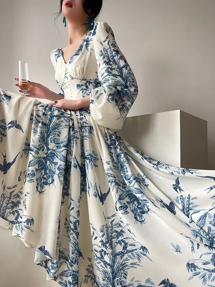Floral Dress Long Puff Sleeve Dress For Women Printed Decorated Ballroom Dance Gown Formal Woman Clothing