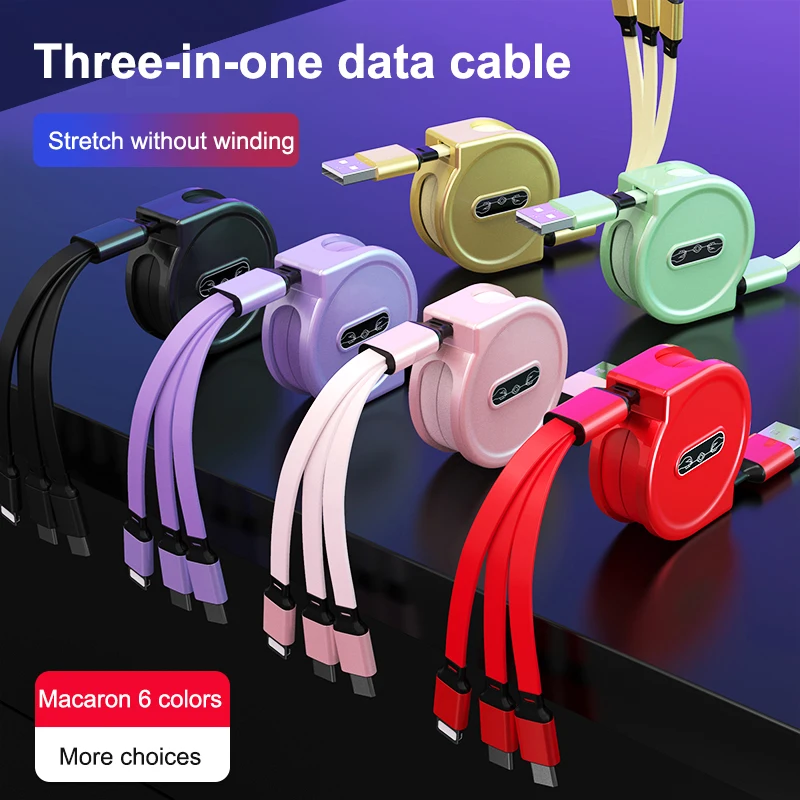 Retractable usb charging cable 3 in 1 Pearl Light 2.4A fast charging data cable factory customized logo charging cable
