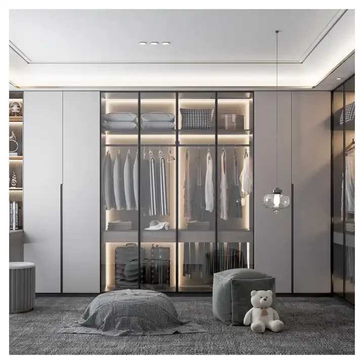 Luxury Attractive Custom Bedroom Wardrobe Display Glass Door High Quality Large Closet System Stone Countertop Storage Island