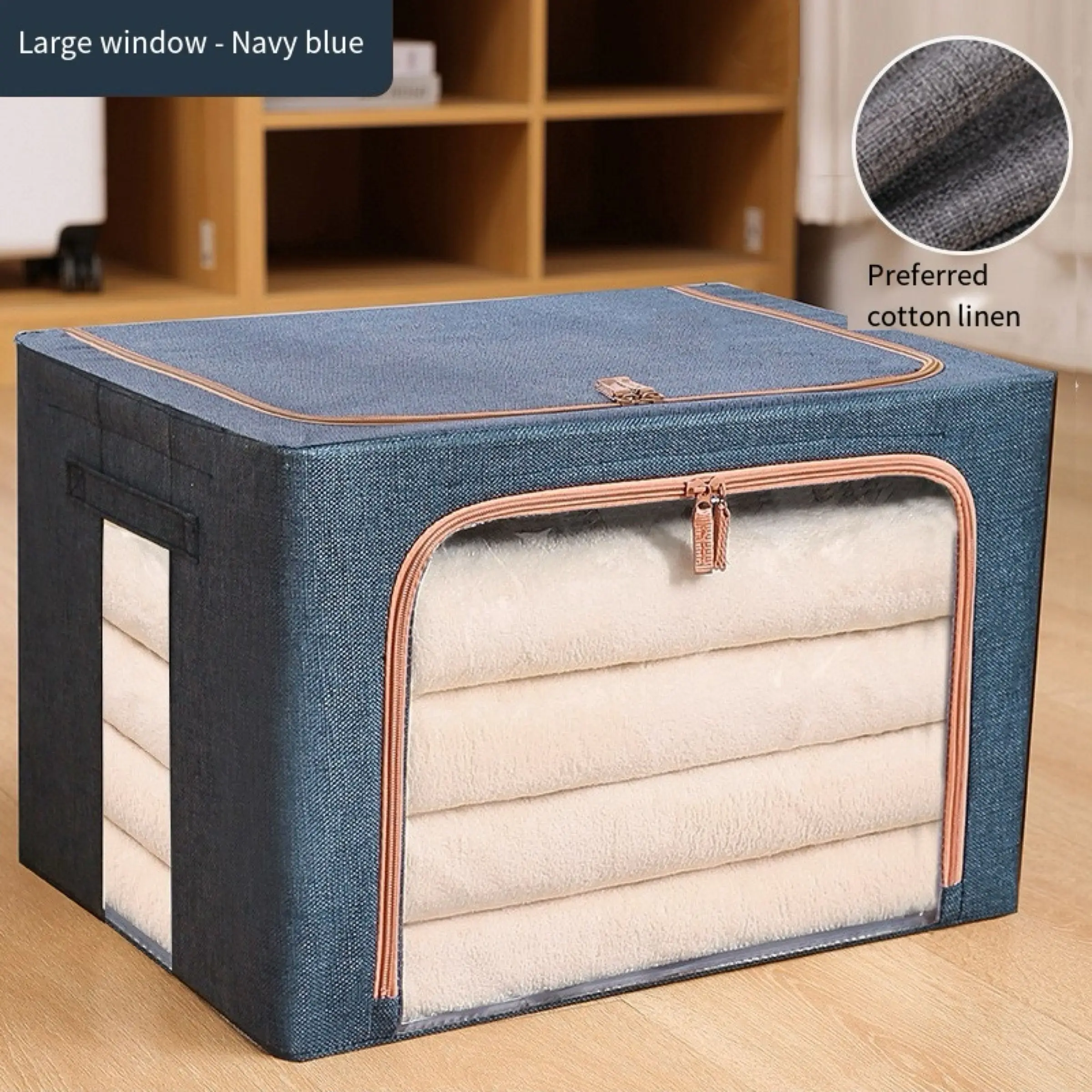 66L Custom Logo Cotton And Linen Folding Fabric Storage Boxes Large Moving Crushed Steel Frame Clothes Quilt Toy Organizer