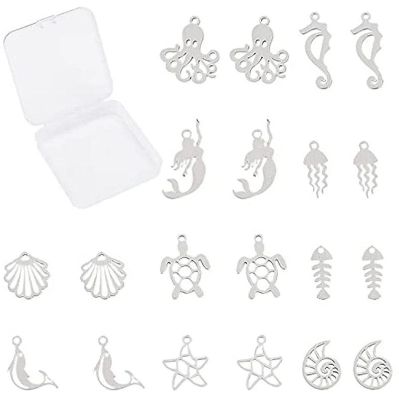 10 Styles Ocean Beach Charms Mixed Stainless Steel Marine Animal Fish Seashell Turtle Pendant Charms for DIY Jewelry Making