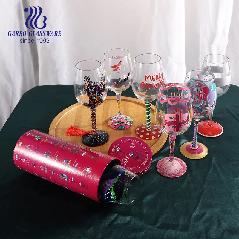 Factory Wholesale Customized Hand Painted Patterns Festival Carnival Glass Goblet For Even Party Red Grape Wine Stemware Glasses