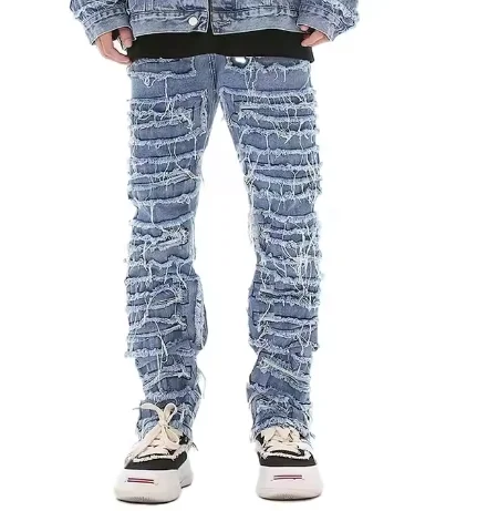 customized High quality  slim leg jeans stack jeans distressed Streetwear Patchwork Denim Pants Wash Ripped Men Denim Vintage