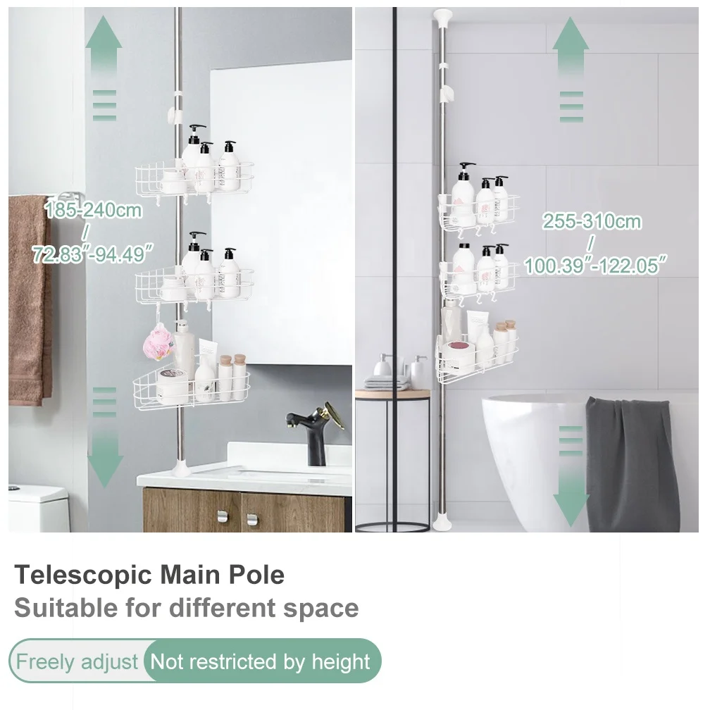 cheap price movable standing type  height Adjustable bathroom Storage Shelf  3 Tier Single Pole Telescopic Organizer Rack