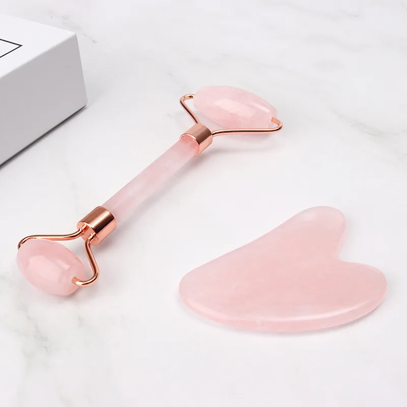 Rose Quartz Jade Roller Gua Sha Set Pink Jade Heart Shaped Gua Sha Stone and Face Roller Crystal Guasha Kit