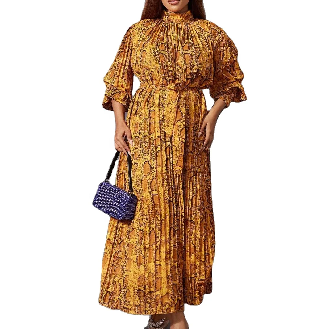 New long sleeved printed casual and fashionable waist cinching large size pleated stand up collar European and American dress