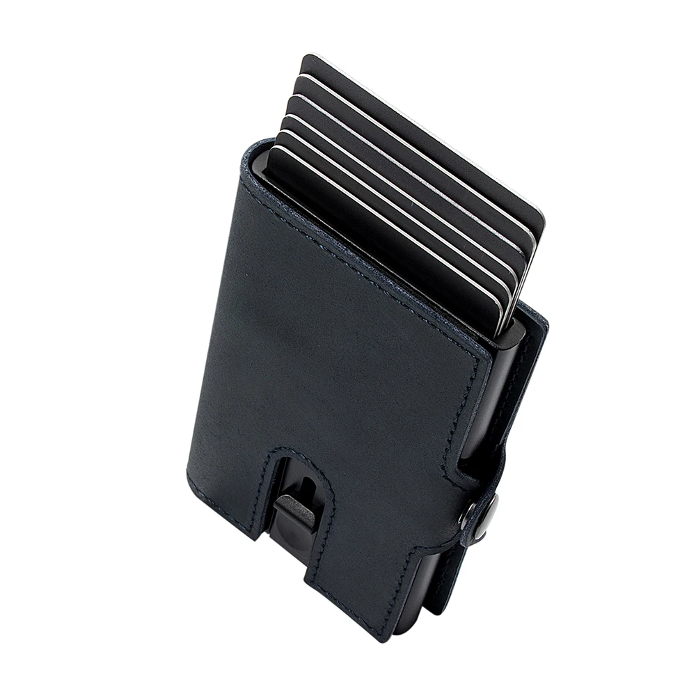 Dropshipping Custom Genuine Real Leather Metal Smart Card Holder Rfid Secure Pop Up Business Wallet with Money Strap and Zipper