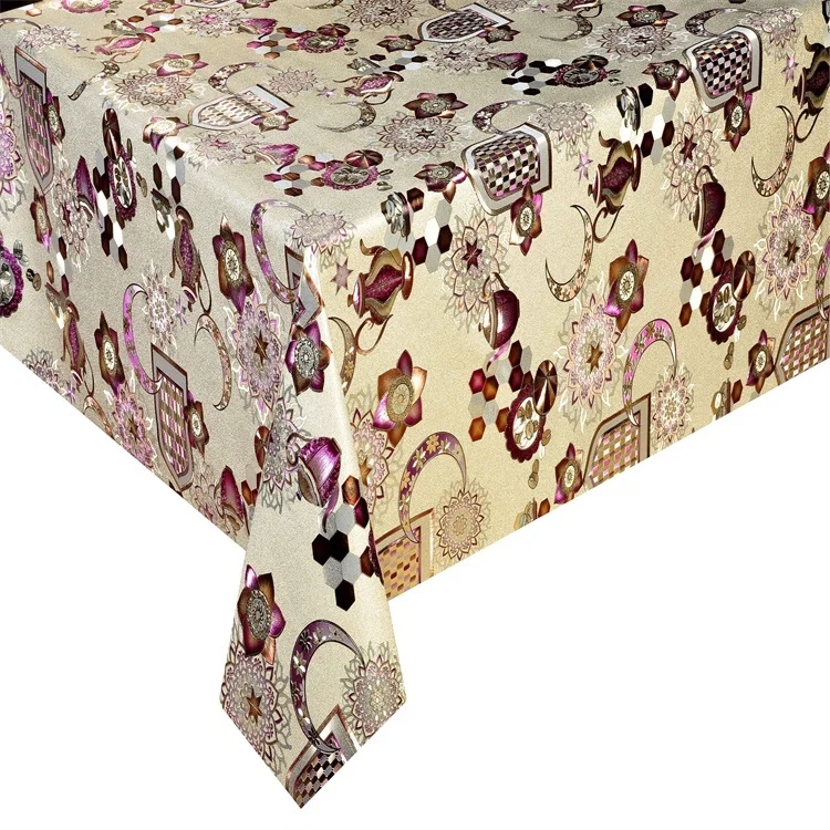 PVC waterproof Ramadan golden embossed tablecloth with yarn backing
