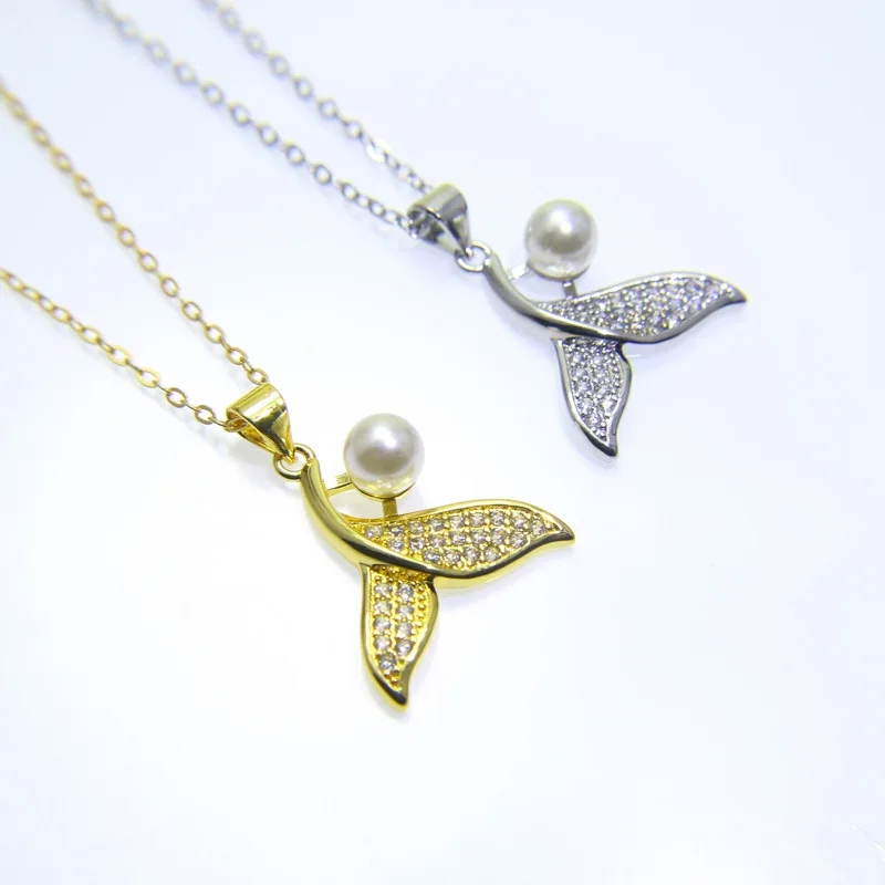 Wholesale Delicate White Imitation Pearl Mermaid Tail Pendant Necklace Copper Zircon Wedding Bridal Jewelry for Women Mother