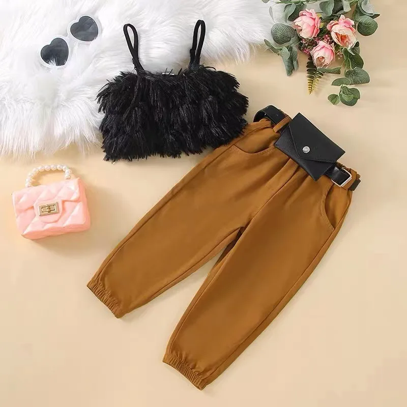 Summer Fashion Kids Girls 3pcs Clothes Sets Furry Spaghetti Strap Tank Tops + Long Pants + Waist Bag Children Outfits