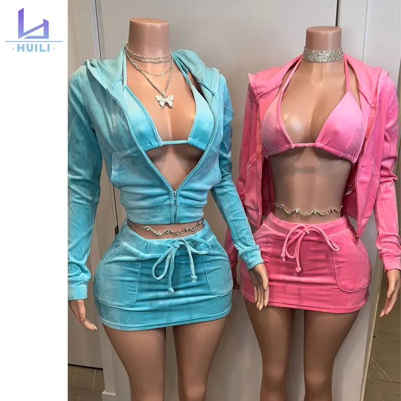 Huili Manufacturer High Quality Customized Tight Shorts Zip Up Hooded Jacket Casual Ladies Tracksuit Two Piece Short Set