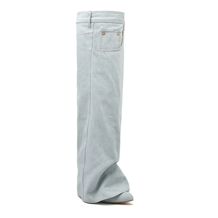 Xinzirain Wide Shaft Thigh High Shark Boots Logo Custom Denim Blue Side Zipper Wedge Heel Women Knee High Long Boot