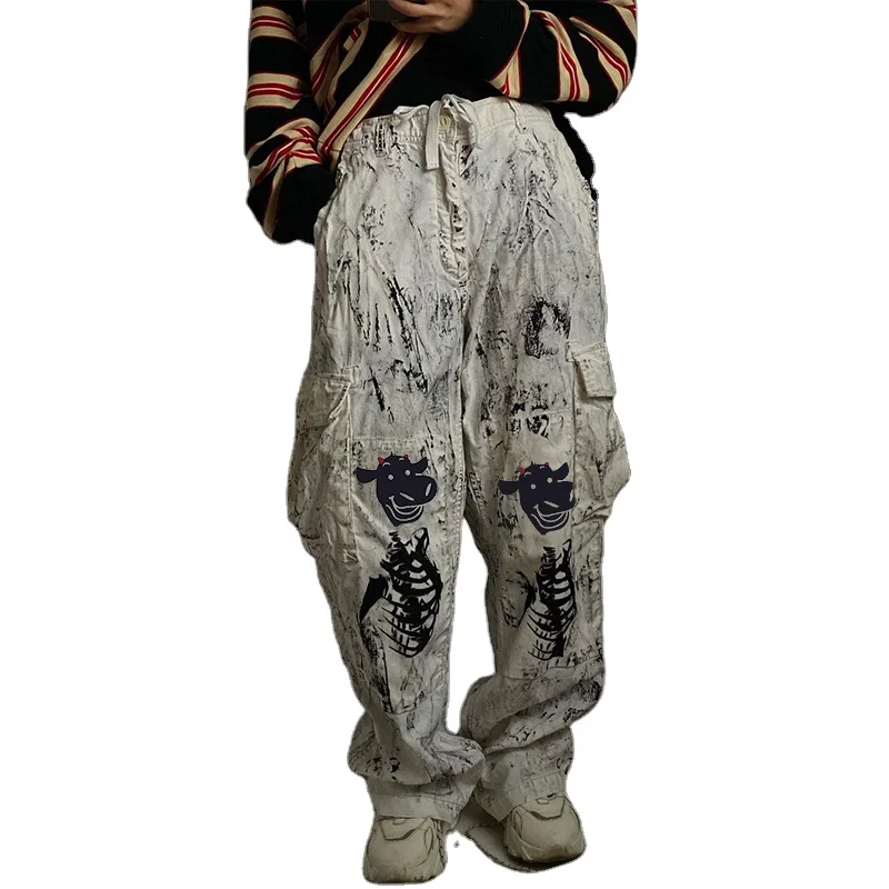 DiZNEW Custom 100% cotton denim spray-painted bungee switch drawstring elastic multi-functional pocket baggy jeans