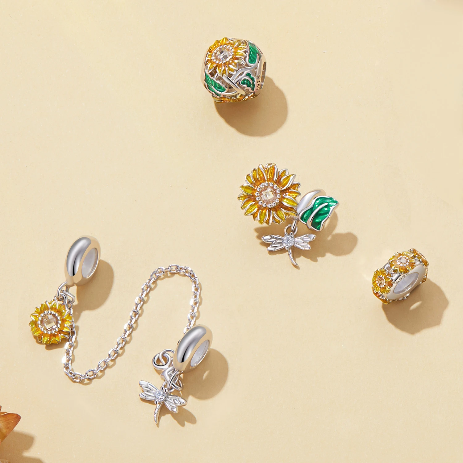 Factory Wholesale 925 Sterling Silver Enamel Sunflower Beads Dragonfly Silica Gel Safety Chain for Women Bracelet DIY