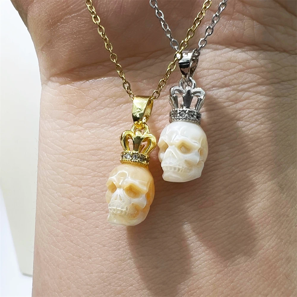 Carved Real Natural Fresh Water Pearl Necklace Silver Gold Plated CZ Crown Pendant Skull Head Pearl Necklace for Christmas Gifts