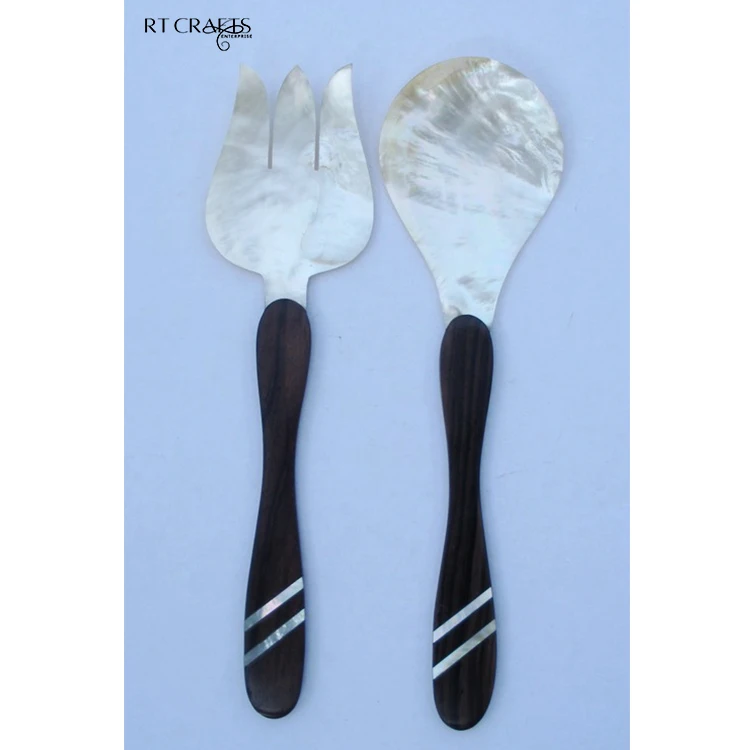 Mother Of Pearl Salad Server Set Handicraft Wooden Salad Spoon Wedding Restaurant Salad Servers Spoon And Fork Set