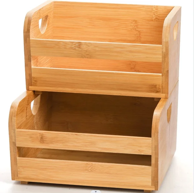 Bamboo Wood Stackable Storage Bins Food Organize Basket 2 Tier Bamboo Fruit Basket Counter Basket