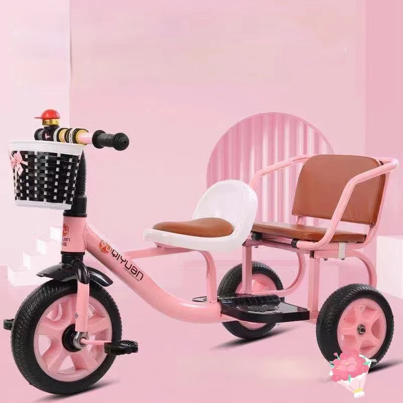 Three Wheels Trailer Kids Double Seat Baby Twins Tricycle for Children Ride Toys with Pedal