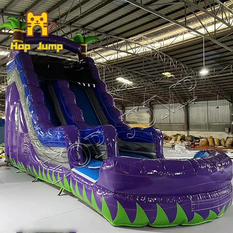 Dolphin theme inflatable water slide with water pool kids summer palm tree game inflatables slide with water pool and blower