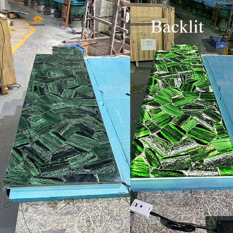 Backlit Green Quartz Crystal Red Emerald Semiprecious Stone Countertop Slabs