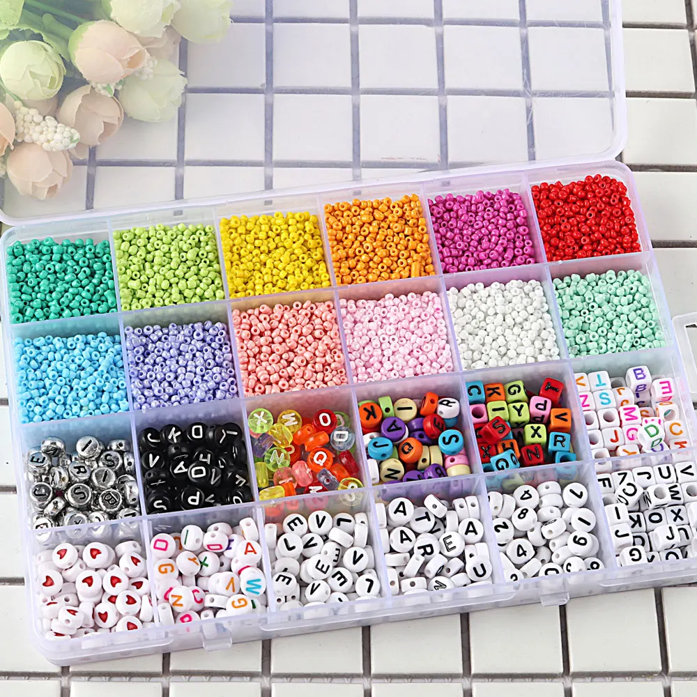 12000pcs DIY 2mm Glass Beads Set 600pcs 6mm Round Acrylic Alphabet Letter Beads Glass Seed Beads