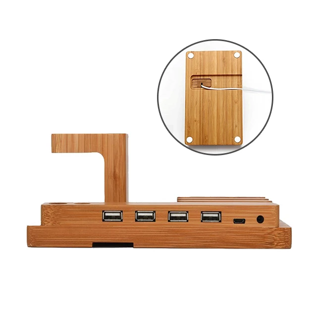 USB порты настольная зарядная док-станция кронштейн Подставка бамбуковый деревянный держатель для мобильного
