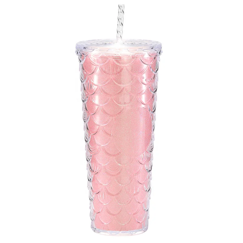 New Arrival large capacity high appearance level gradient Double Wall fish scale Plastic Tumbler cup