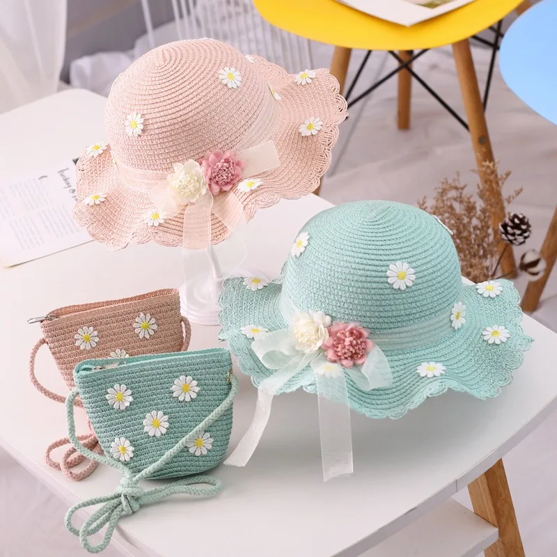 2024 Outdoor Baby Brim Bucket Sun Uv Protection Beach Colored Ball Kids Summer Sun Straw Hat and Bag Set